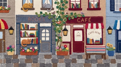 Handmade Knitted Street Scene Flat Textile Art with Cozy Bookshop, Cafe, and Cobblestone Pavement