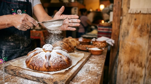 Baker dusting sugar on Pan de Muerto. Traditional Mexican bread for Day of the Dead festival.