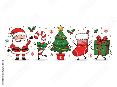 Cute christmas characters set with santa claus and decorated tree