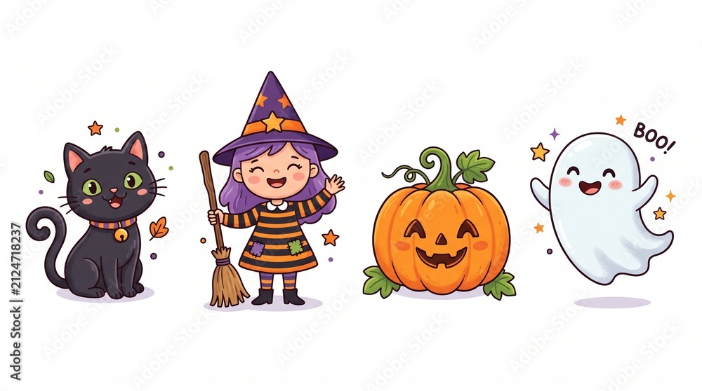 Fototapeta premium Cute Halloween character set illustration vector isolated on white background. Perfect for greeting cards, invitations, and decorations.