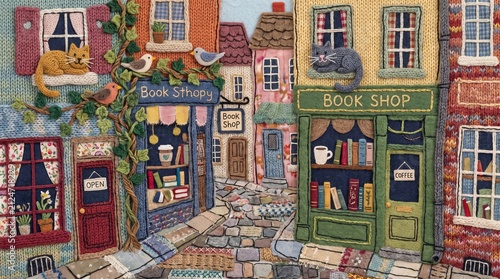 Handmade Knitted Street Scene Flat Textile Art with Cozy Bookshop, Cafe, and Cobblestone Pavement