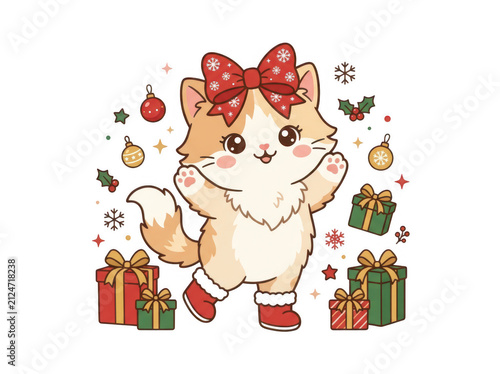 Happy cute kitten with red bow surrounded by christmas presents