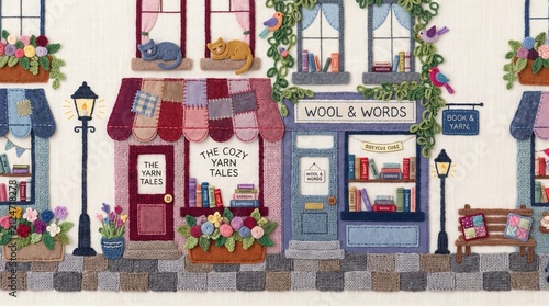 Handmade Knitted Street Scene Flat Textile Art with Cozy Bookshop, Cafe, and Cobblestone Pavement