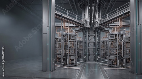 Premium quantum computing center control hub facility 3D illustration with copy space