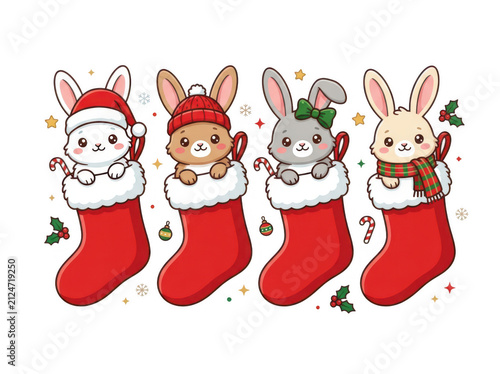 Four adorable bunnies in red holiday stockings illustration