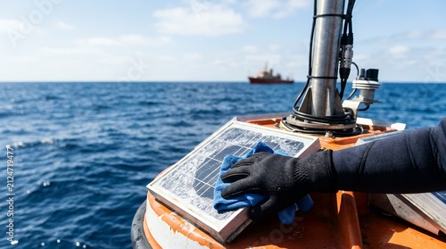 Technician cleaning ocean research buoy solar panel. Marine equipment maintenance at sea.