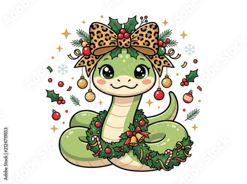 Adorable christmas snake decorated with holiday wreath and bow