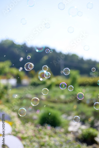 Vertical scenic landscape view of colorful soap bubbles floating in the air against a soft-focused green nature background and bright sky