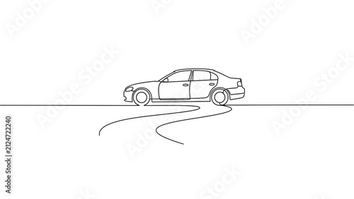 Continuous single line art drawing of a modern sedan car on a winding road, minimalist vector illustration for automotive design