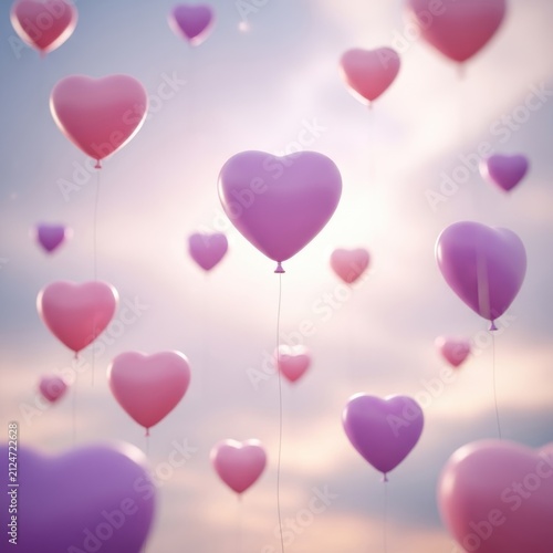 Many purple heart balloons floating together on a clean white background