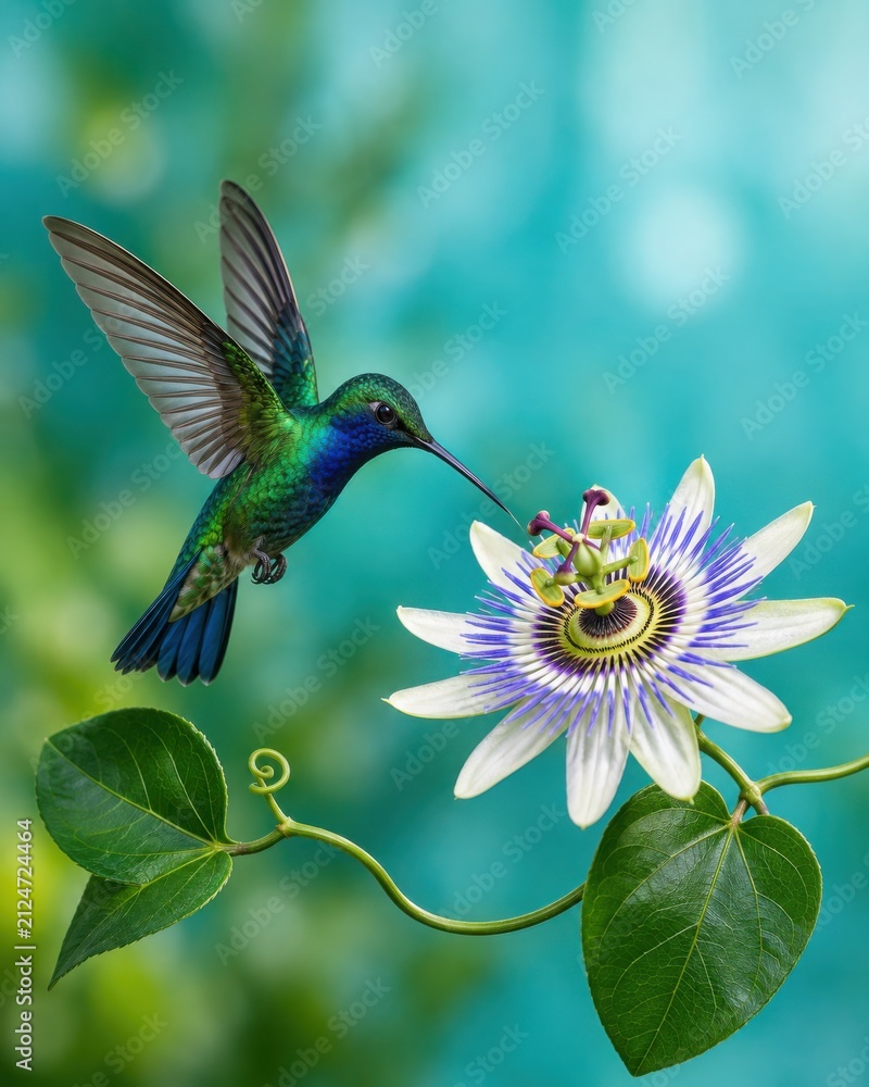 Fototapeta premium Hummingbird Hovering Beside White Passionflower