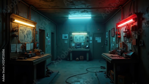 Secret bunker command room with technical equipment and maps on wall. Underground communication center with neon lighting. Cyberpunk military facility for tactical operations and surveillance.