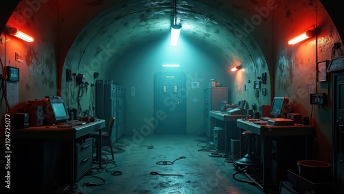 Underground bunker control room with vintage computer workstation. Secret laboratory facility with retro technology and glowing lights. Cyberpunk interior design and survivalist concept.
