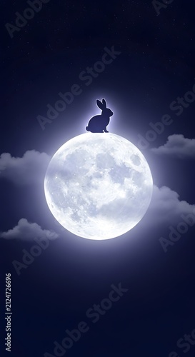 Silhouette of a rabbit sitting on a glowing full moon in the dark night sky with clouds