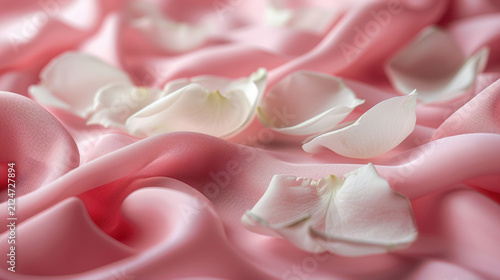 Rose petals are scattered on pink soft fabric with swirling folds. Romantic abstract background. Valentine's Day. Close-up
