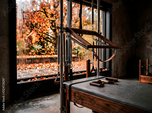 Close-up of a Pilates Cadillac in a dark, modern space during autumn, with fallen leaves subtly visible outside a window, premium wellness aesthetic