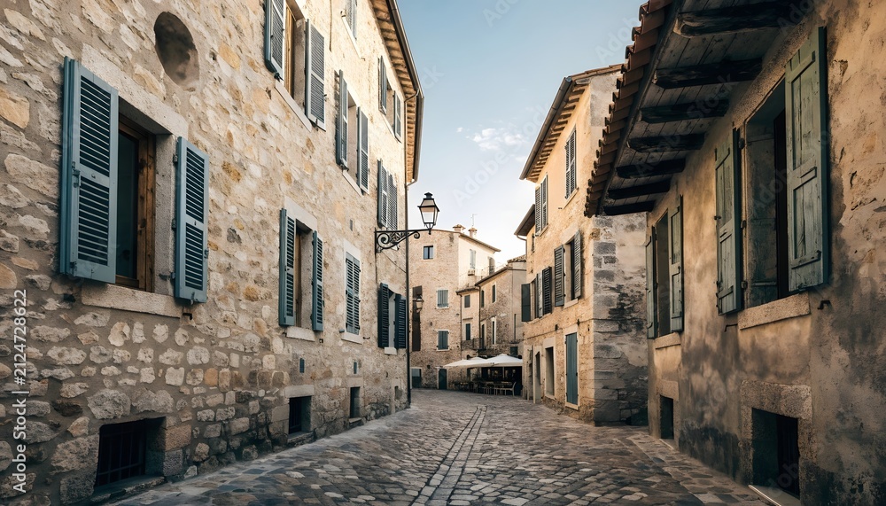 Fototapeta premium Narrow cobblestone street in a historic town. Old European village alley with stone buildings.