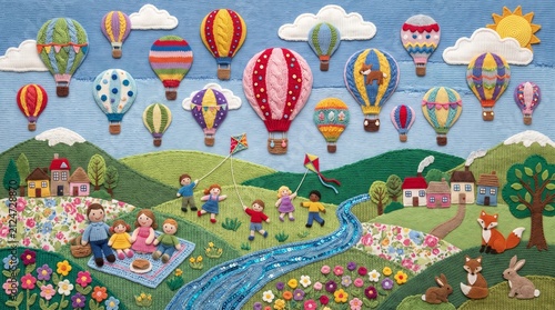 Handmade Knitted Landscape Flat Textile Art with Hot Air Balloons, Villages, and Family Picnic