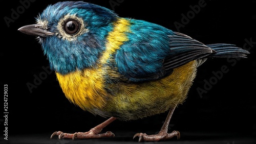 Small colorful songbird with blue and yellow feathers on dark isolated background wildlife songbird colorful feathers perching ornithology creature
