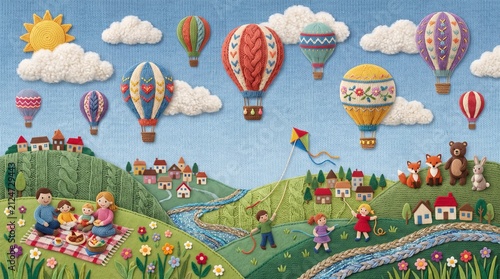 Handmade Knitted Landscape Flat Textile Art with Hot Air Balloons, Villages, and Family Picnic