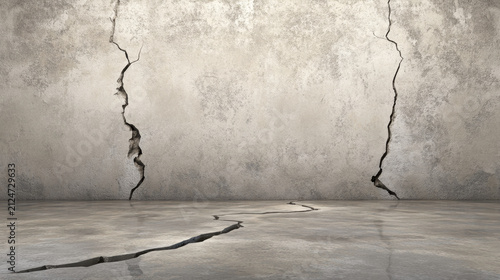 Cracked concrete wall and floor with structural damage, empty interior, distressed gray surface