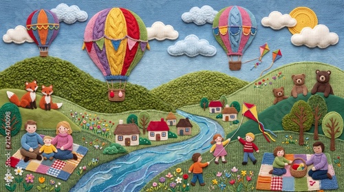 Handmade Knitted Landscape Flat Textile Art with Hot Air Balloons, Villages, and Family Picnic