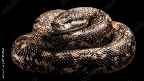 Close up of a patterned python snake coiled in a circle on a black background with wildlife predator dangerous herpetology venomous creature