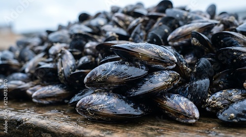 Fresh Mussels on a Market Display, Raw Healthy Shellfish with Natural Shells, Gourmet Seafood Ingredient for Delicious Cuisine and Nutritious Meal Preparation