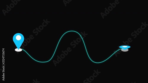 4K Wave Navigation Route with Map Pin on a black background. Glowing Wave GPS navigation route for delivery services, Online shops, UI, Buying process, and Business Marketing.