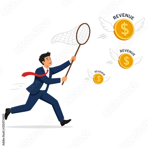 Businessman Chasing Flying Gold Revenue Coins with Net for Financial Success Concept