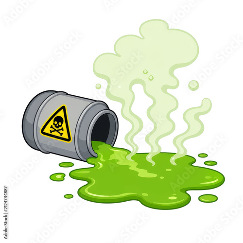 Toxic Waste Spill Cartoon Illustration with Green Sludge and Hazard Sign