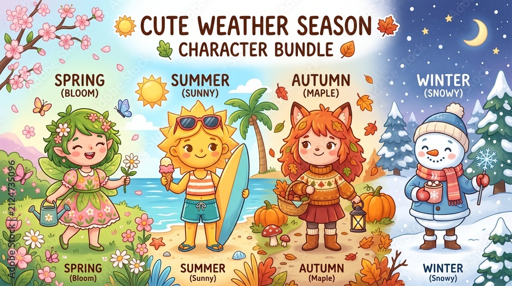 Fototapeta premium Adorable four seasons cartoon characters representing weather and nature changes set
