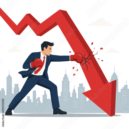 Businessman Fighting Economic Crisis and Punching Falling Red Arrow Market Crash Illustration