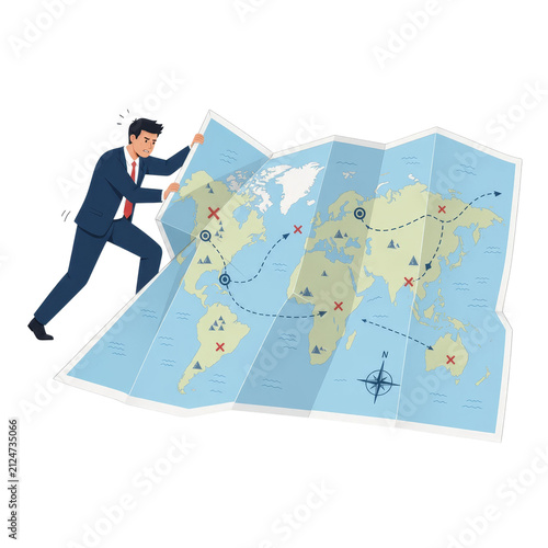 Businessman Struggling with Giant World Map Global Strategy Concept Illustration