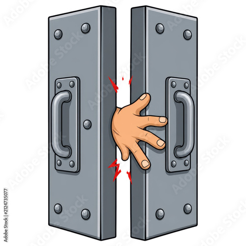Hand Caught and Crushed Between Heavy Metal Doors Illustration Safety Warning Concept