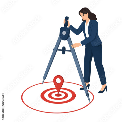 Businesswoman Using Giant Compass for Strategic Market Targeting and Location Precision Illustration