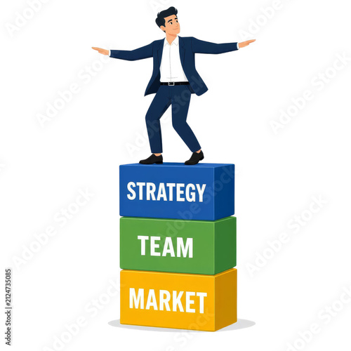 Confident Businessman Balancing on Strategy Team and Market Blocks Concept Illustration