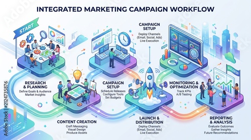 Isometric vector illustration of integrated marketing campaign workflow and strategy