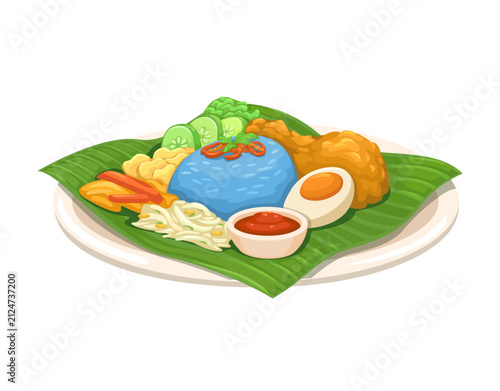Traditional Nasi Kerabu Malaysian Blue Rice with Fried Chicken Vector Illustration
