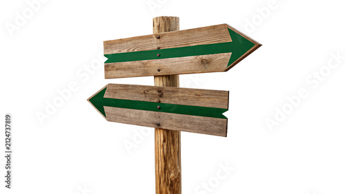 Blank wooden directional signpost with arrows isolated on transparent background for travel