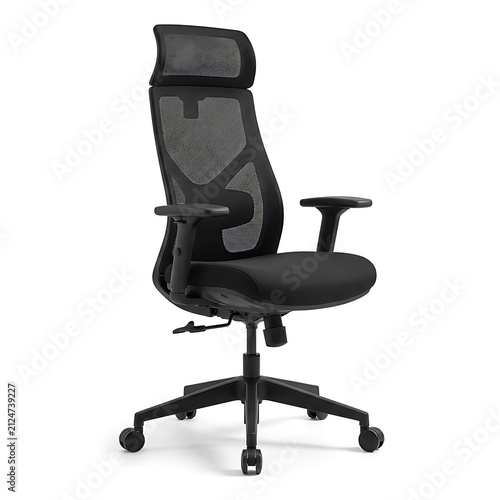 Modern ergonomic office chair. Sleek black mesh seat for professional workspace furniture.