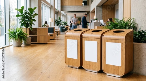 eco friendly wooden recycle bins corridor