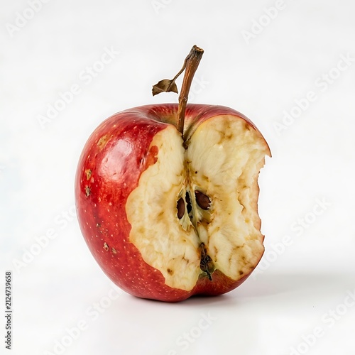 Partially eaten red apple on white background. Bitten fresh fruit with brown stem isolated.