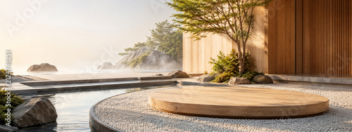 Photography Zen water and stone product stage background with low angle presentation platfor