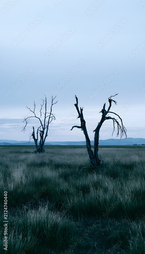 Obraz premium Resilient landscape solitude vast grasses meet distant hills under soft sky light evokes peaceful strength