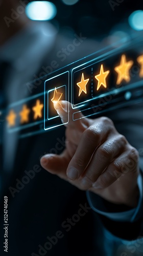 Hand pointing at glowing five star rating on futuristic digital interface
