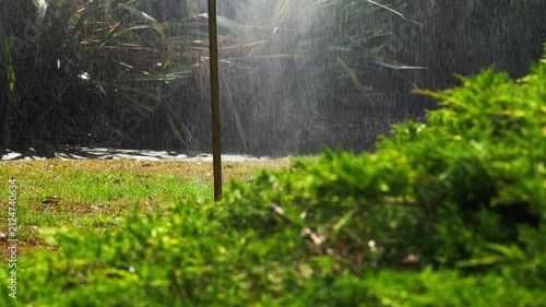 A tall commercial-grade sprinkler sprays a heavy volume of water across a lush, healthy lawn in a large garden under bright summer sunlight, surrounded by dense green foliage.