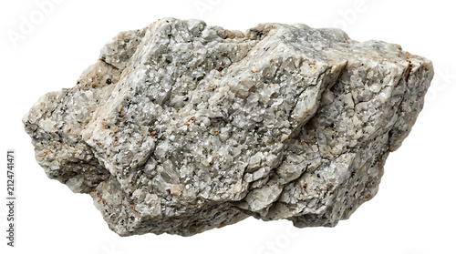 Close up view of a rough textured white and grey mineral rock specimen with glittering crystalline structures transparent background