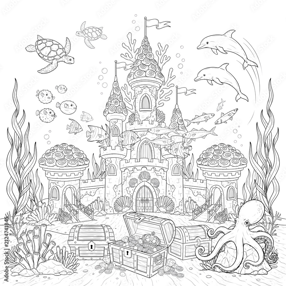 Obraz premium Enchanted Forest Castle Landscape With Decorative Nature Elements