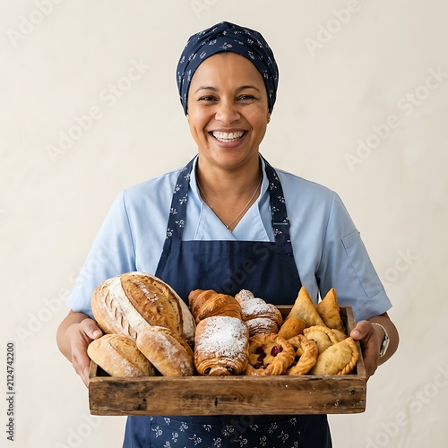 Smiling female baker holding a tray of fresh bread. Artisan pastry chef with baked goods.
